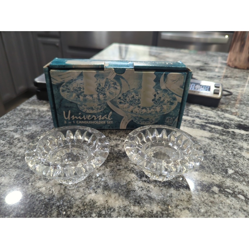 Vintage Set Clear Glass Taper Votive Candle Holders  Universal 3 in 1